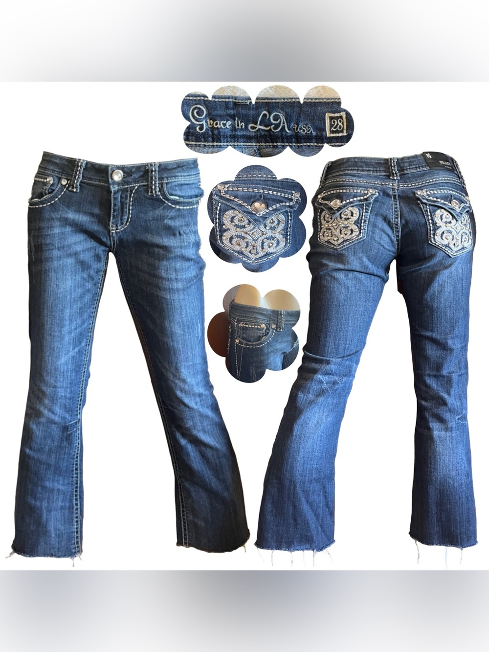 Bedazzled Fleur De Lis Grace in LA USA Blue Bootcut Low Rise Jeans